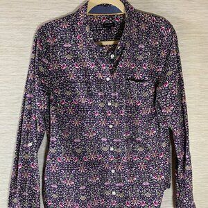 Talbots Button Down Shirt Blue Pink Floral w/Birds Cotton Womens Size 14